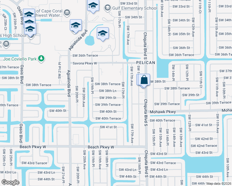map of restaurants, bars, coffee shops, grocery stores, and more near 1734 Southwest 38th Lane in Cape Coral