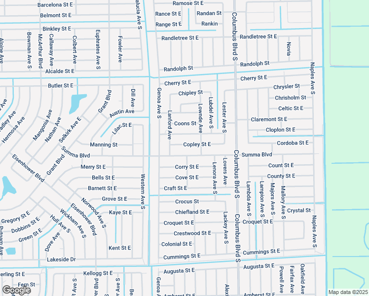 map of restaurants, bars, coffee shops, grocery stores, and more near 1122 Copley Street East in Lehigh Acres