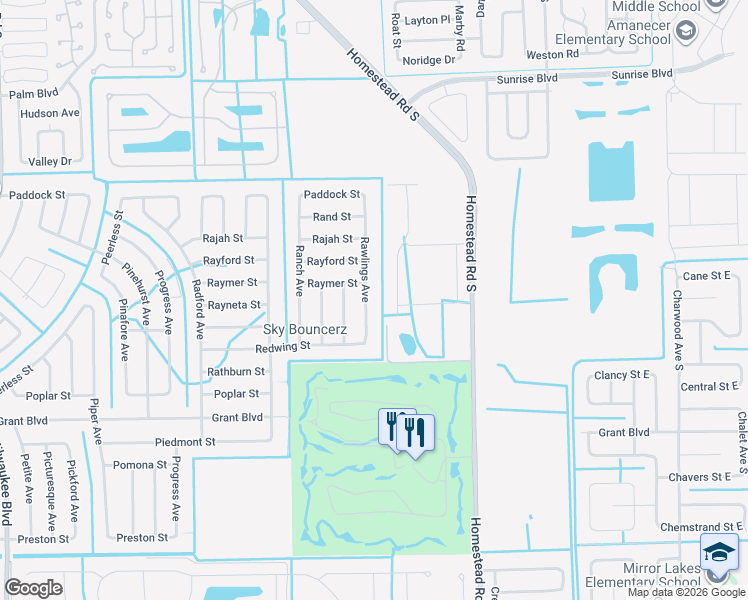 map of restaurants, bars, coffee shops, grocery stores, and more near 339 Rawlings Avenue in Lehigh Acres