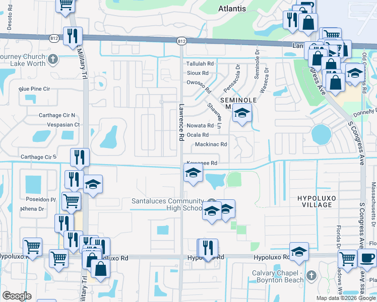 map of restaurants, bars, coffee shops, grocery stores, and more near 6491 Mackinac Road in Lake Worth