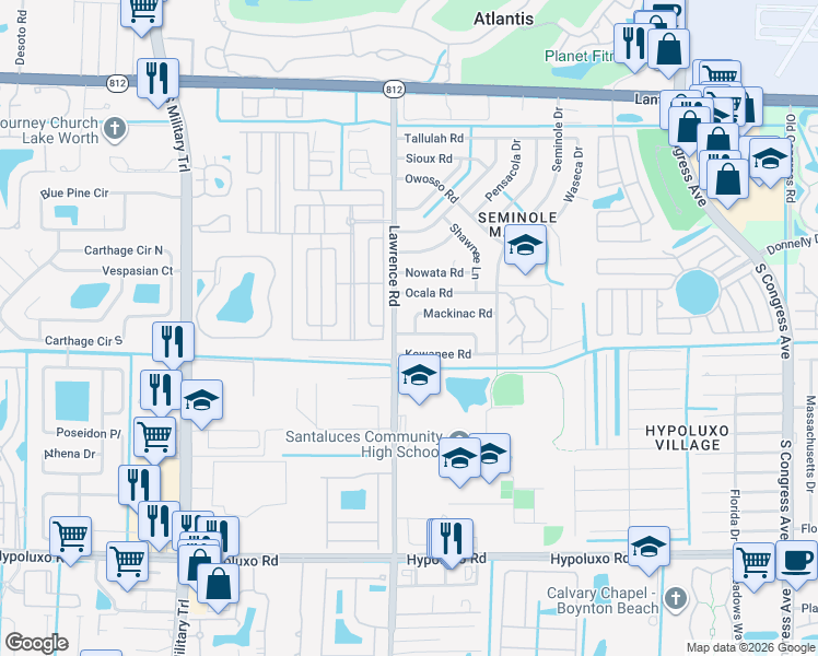 map of restaurants, bars, coffee shops, grocery stores, and more near 6491 Mackinac Road in Lake Worth