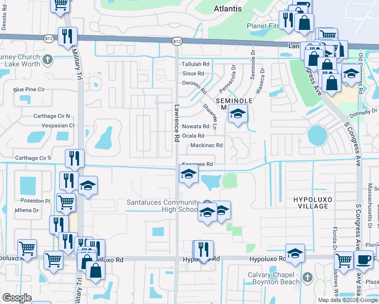 map of restaurants, bars, coffee shops, grocery stores, and more near 6491 Mackinac Road in Lake Worth