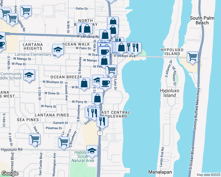 map of restaurants, bars, coffee shops, grocery stores, and more near 117 Mayfield Road in Lantana
