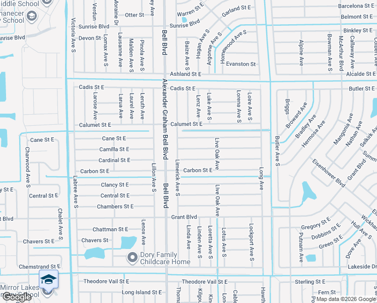 map of restaurants, bars, coffee shops, grocery stores, and more near 826 Campbell Street East in Lehigh Acres