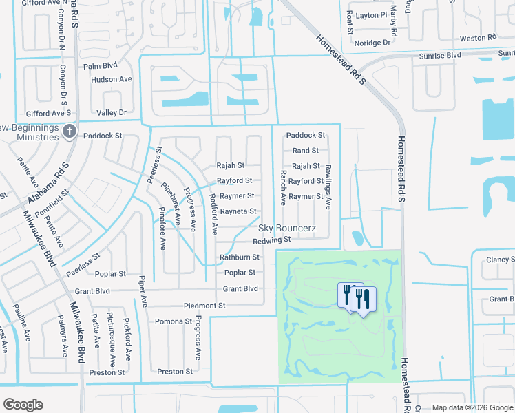 map of restaurants, bars, coffee shops, grocery stores, and more near 451 Rayneta Street in Lehigh Acres
