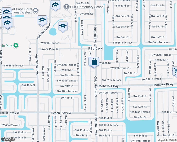 map of restaurants, bars, coffee shops, grocery stores, and more near 3824 Southwest 16th Place in Cape Coral