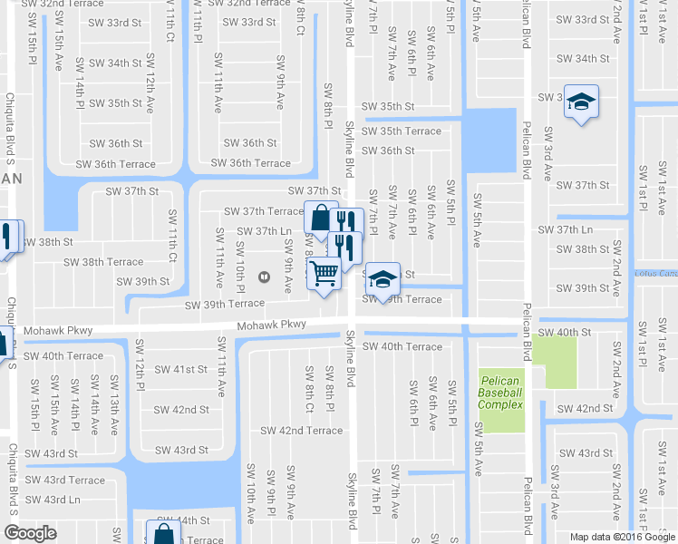 map of restaurants, bars, coffee shops, grocery stores, and more near 3824 Skyline Boulevard in Cape Coral