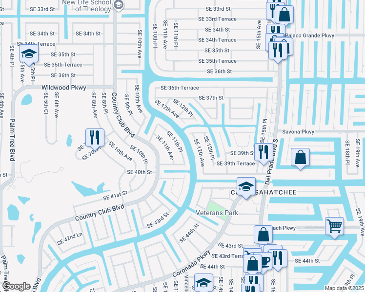 map of restaurants, bars, coffee shops, grocery stores, and more near 3916 Southeast 11th Place in Cape Coral