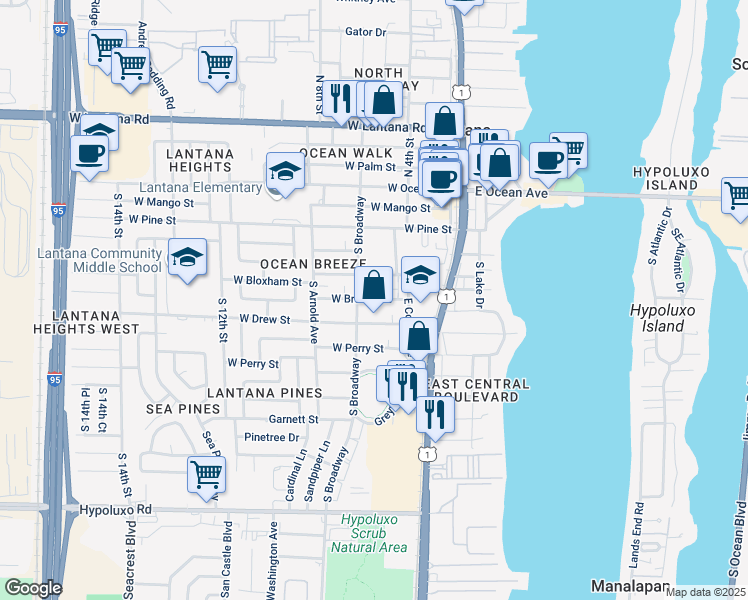 map of restaurants, bars, coffee shops, grocery stores, and more near in Lantana