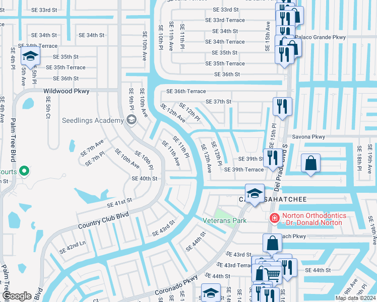 map of restaurants, bars, coffee shops, grocery stores, and more near 3916 Southeast 11th Place in Cape Coral