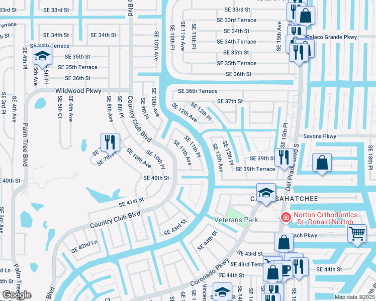 map of restaurants, bars, coffee shops, grocery stores, and more near 3916 Southeast 11th Place in Cape Coral
