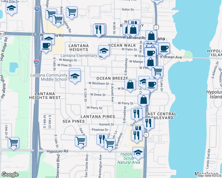 map of restaurants, bars, coffee shops, grocery stores, and more near 515 South Arnold Avenue in Lantana