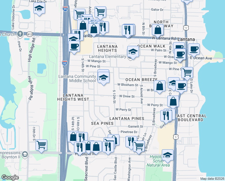 map of restaurants, bars, coffee shops, grocery stores, and more near 609 South 12th Street in Lantana
