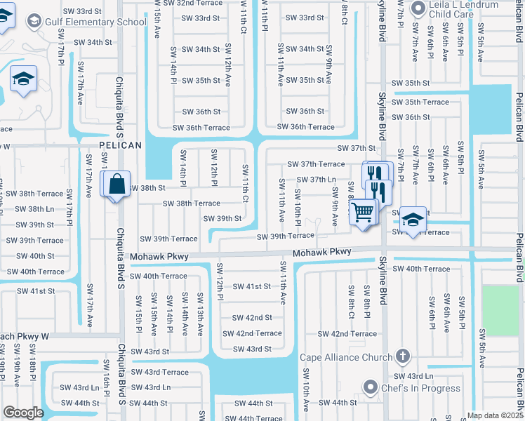 map of restaurants, bars, coffee shops, grocery stores, and more near 3820 Southwest 11th Place in Cape Coral