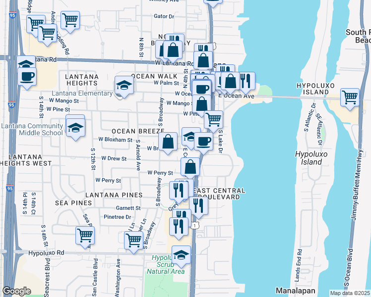 map of restaurants, bars, coffee shops, grocery stores, and more near 601 East Coast Avenue in Lantana