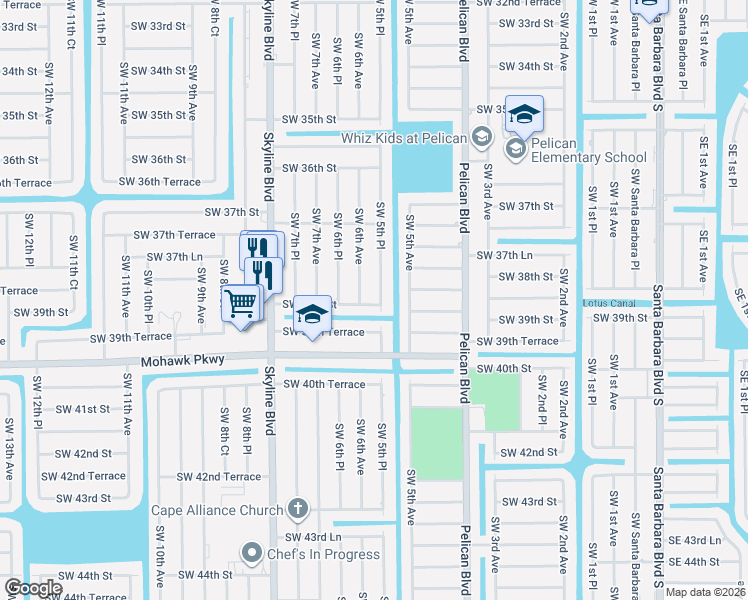 map of restaurants, bars, coffee shops, grocery stores, and more near 532 Southwest 39th Street in Cape Coral