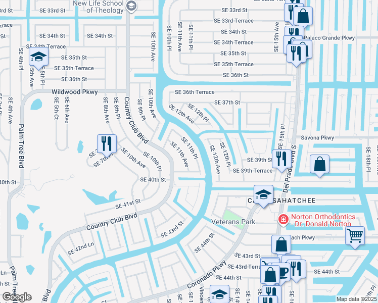 map of restaurants, bars, coffee shops, grocery stores, and more near 3916 Southeast 11th Place in Cape Coral