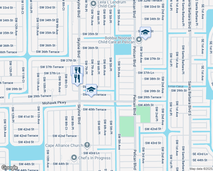 map of restaurants, bars, coffee shops, grocery stores, and more near 532 Southwest 39th Street in Cape Coral