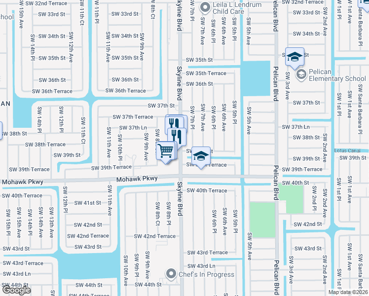 map of restaurants, bars, coffee shops, grocery stores, and more near 718 Southwest 39th Street in Cape Coral