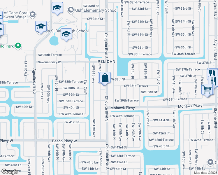 map of restaurants, bars, coffee shops, grocery stores, and more near 3827 Chiquita Boulevard South in Cape Coral