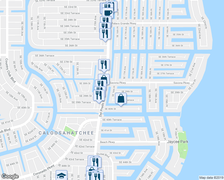 map of restaurants, bars, coffee shops, grocery stores, and more near 3816 Southeast 16th Place in Cape Coral
