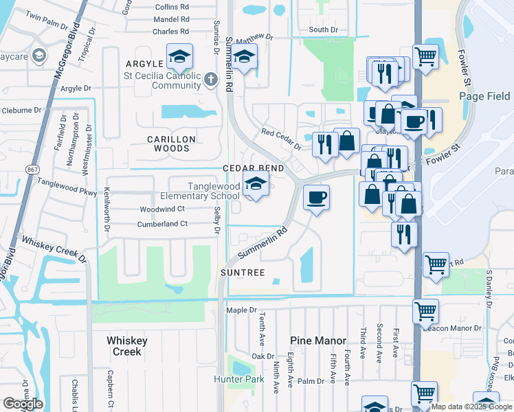 map of restaurants, bars, coffee shops, grocery stores, and more near 1620 Manchester Boulevard in Fort Myers
