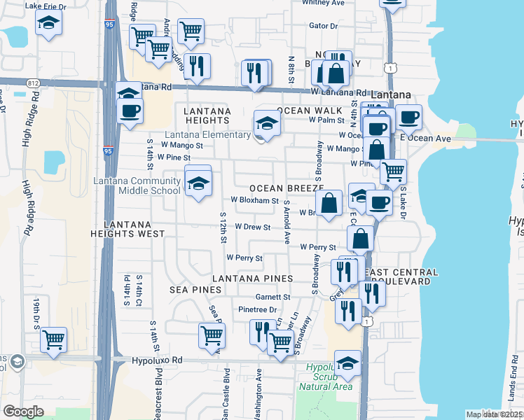 map of restaurants, bars, coffee shops, grocery stores, and more near 913 West Branch Street in Lantana
