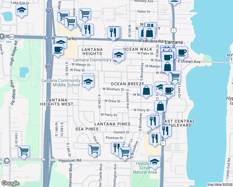 map of restaurants, bars, coffee shops, grocery stores, and more near 913 West Branch Street in Lantana
