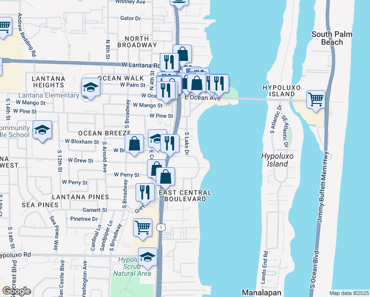 map of restaurants, bars, coffee shops, grocery stores, and more near 117 Mayfield Road in Lantana