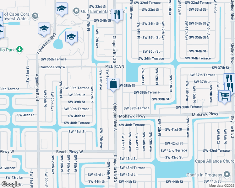 map of restaurants, bars, coffee shops, grocery stores, and more near 3827 Chiquita Boulevard South in Cape Coral