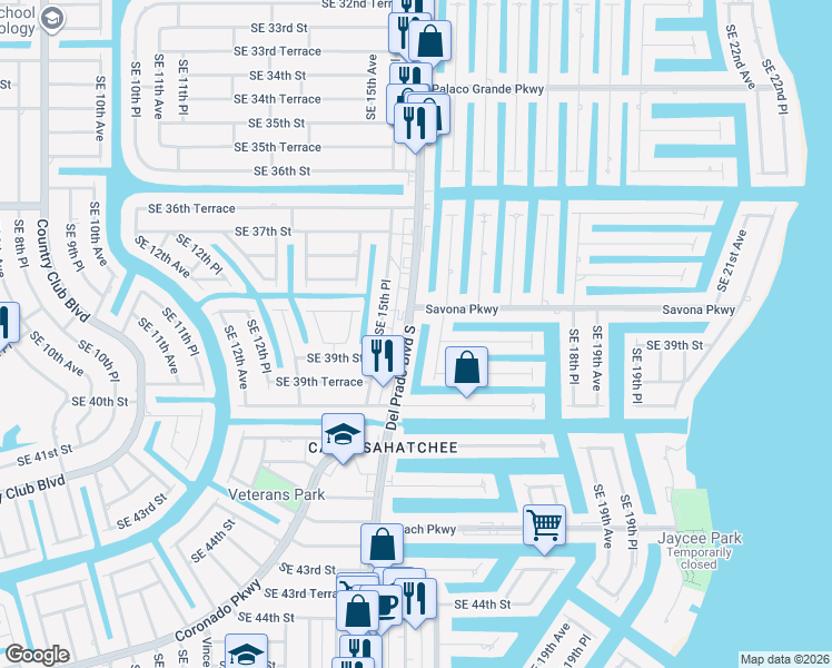 map of restaurants, bars, coffee shops, grocery stores, and more near in Cape Coral