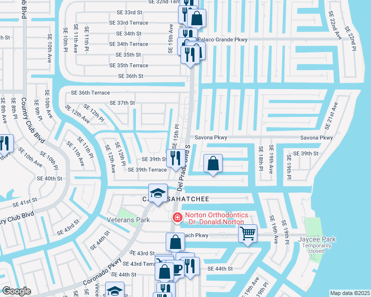 map of restaurants, bars, coffee shops, grocery stores, and more near in Cape Coral