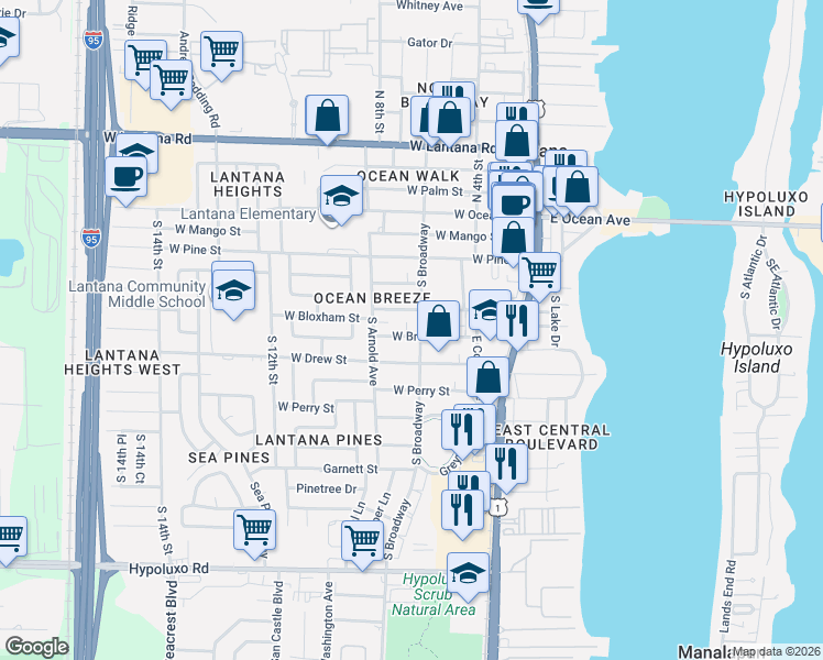 map of restaurants, bars, coffee shops, grocery stores, and more near in Lantana