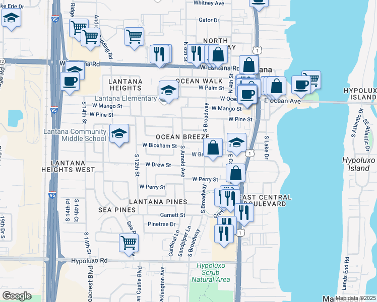 map of restaurants, bars, coffee shops, grocery stores, and more near 706 West Branch Street in Lantana