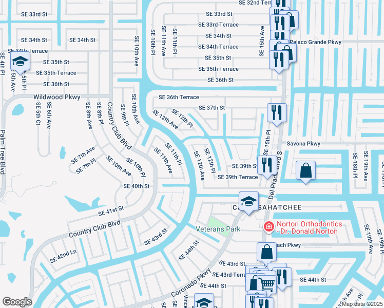 map of restaurants, bars, coffee shops, grocery stores, and more near 3822 Southeast 12th Avenue in Cape Coral