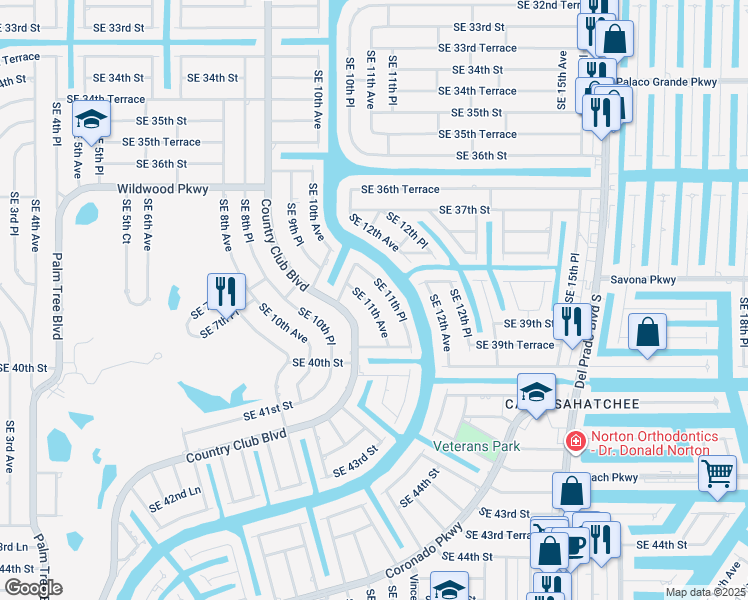map of restaurants, bars, coffee shops, grocery stores, and more near 3917 Country Club Boulevard in Cape Coral