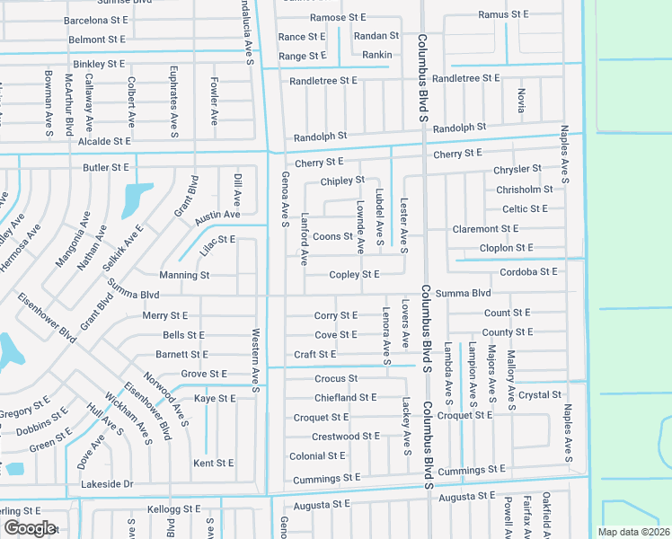 map of restaurants, bars, coffee shops, grocery stores, and more near 1122 Copley Street East in Lehigh Acres