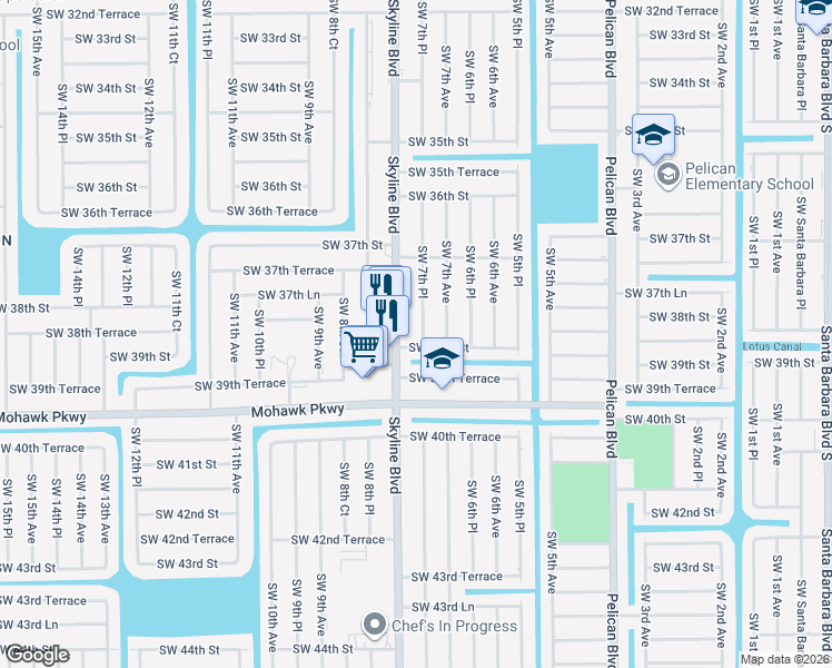 map of restaurants, bars, coffee shops, grocery stores, and more near 718 Southwest 39th Street in Cape Coral