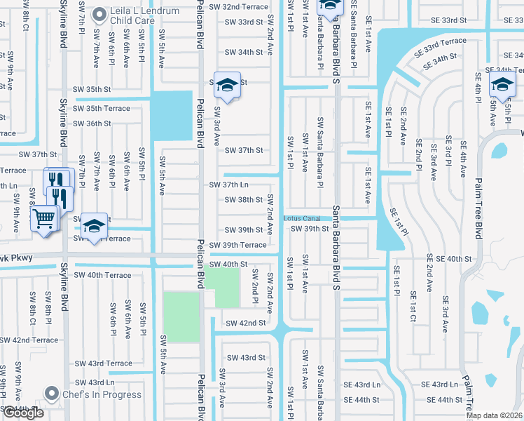 map of restaurants, bars, coffee shops, grocery stores, and more near 218 Southwest 38th Terrace in Cape Coral