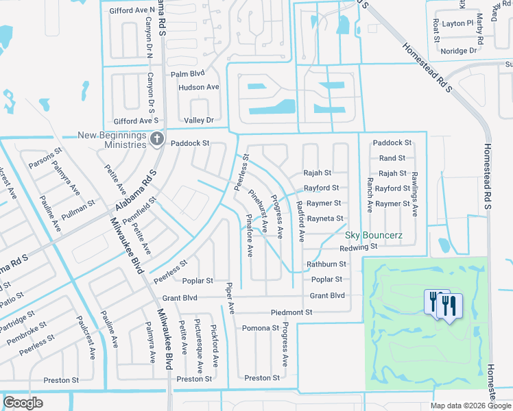 map of restaurants, bars, coffee shops, grocery stores, and more near 336 Pinehurst Avenue in Lehigh Acres