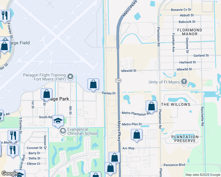 map of restaurants, bars, coffee shops, grocery stores, and more near 1996 John Yarbrough Linear Park Trail in Fort Myers