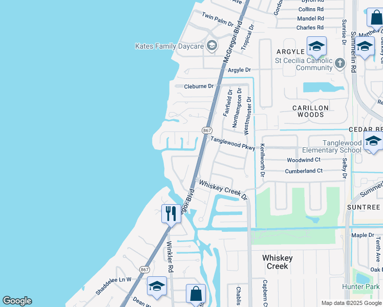 map of restaurants, bars, coffee shops, grocery stores, and more near 6901 Harbor Lane in Fort Myers
