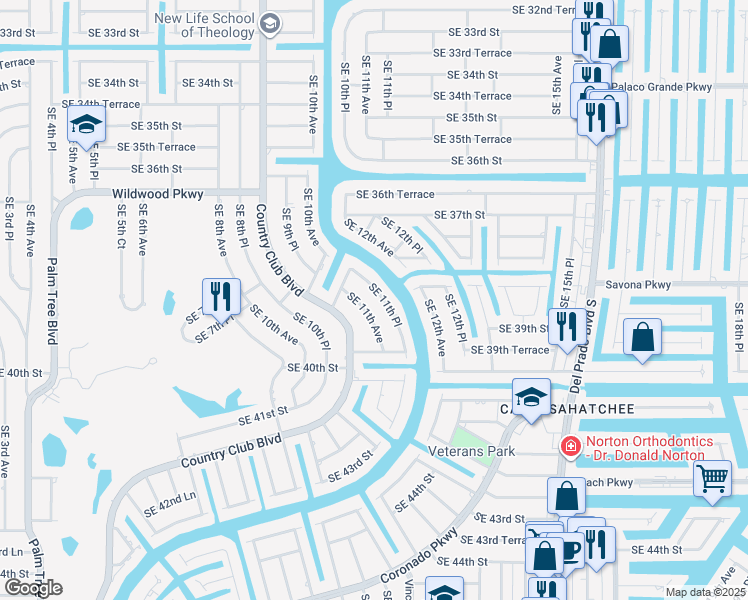 map of restaurants, bars, coffee shops, grocery stores, and more near 3916 Southeast 11th Place in Cape Coral
