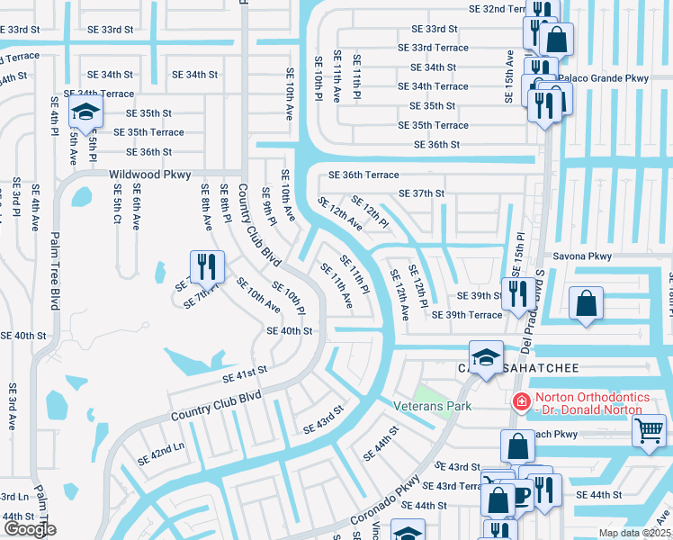 map of restaurants, bars, coffee shops, grocery stores, and more near 3917 Country Club Boulevard in Cape Coral