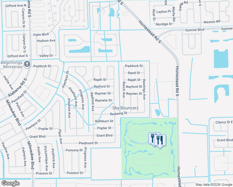map of restaurants, bars, coffee shops, grocery stores, and more near 451 Rayneta Street in Lehigh Acres