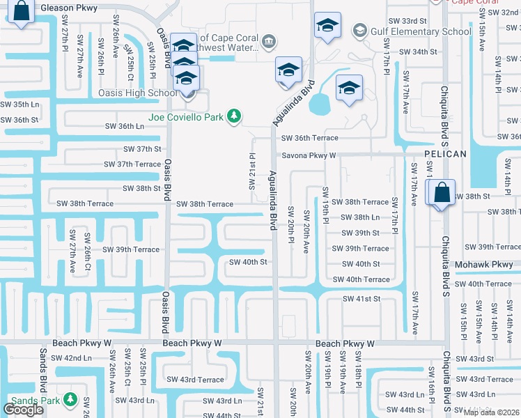 map of restaurants, bars, coffee shops, grocery stores, and more near 2111 Southwest 39th Street in Cape Coral