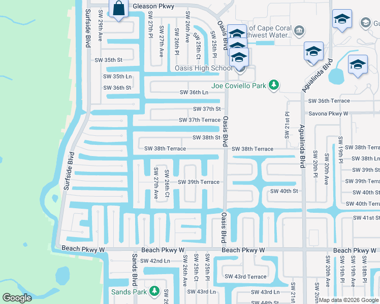 map of restaurants, bars, coffee shops, grocery stores, and more near 2546 Southwest 38th Terrace in Cape Coral