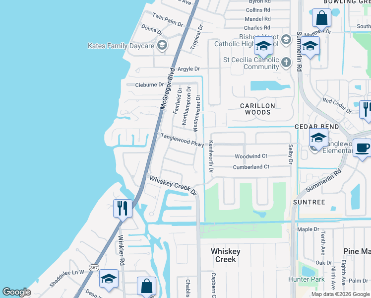 map of restaurants, bars, coffee shops, grocery stores, and more near 1338 Tanglewood Parkway in Fort Myers