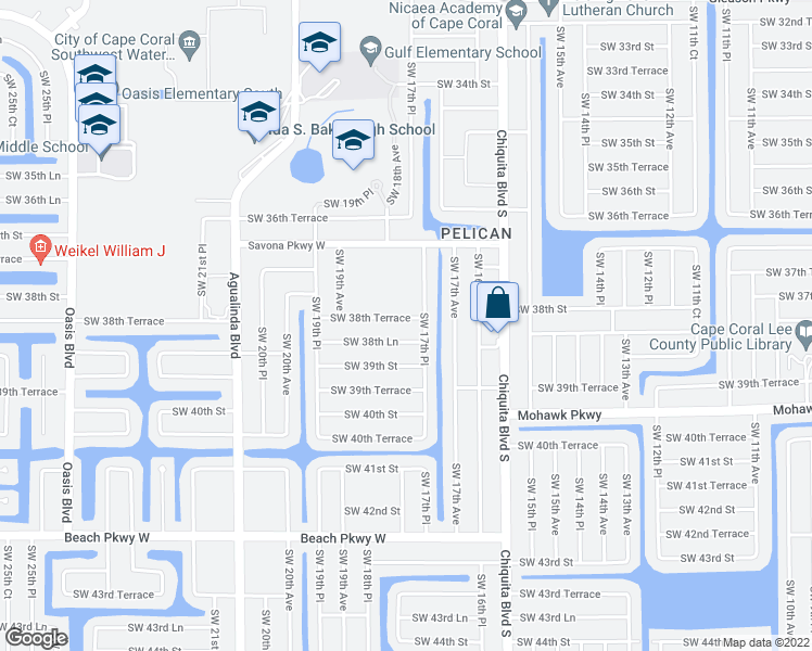 map of restaurants, bars, coffee shops, grocery stores, and more near 1730 Southwest 38th Terrace in Cape Coral