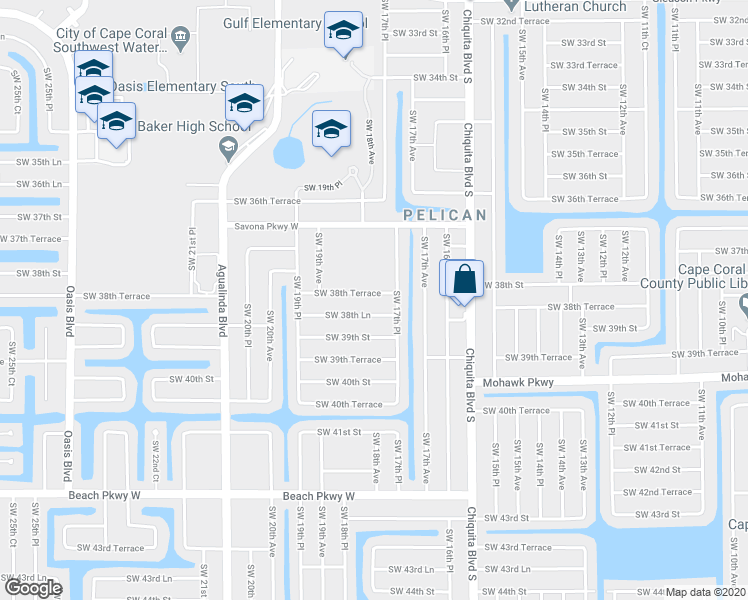 map of restaurants, bars, coffee shops, grocery stores, and more near 1730 Southwest 38th Terrace in Cape Coral